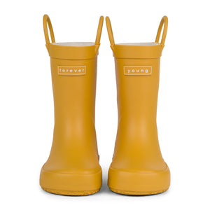 Front view of a pair of golden colored rain boots for children. Showing pull handles for easy slip on and tags that say "Forever Young" on the front. 