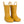 Front 3/4 view of a pair of golden colored rain boots for children. Showing pull handles for easy slip on and tags that say 