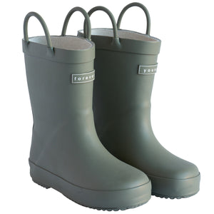 Sage rain boots for children front 3/4 view  of a pair. Stamped "Forever Young" on the front of the boots with pull handles for easy slip on. 