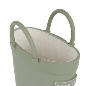 Detail view of Sage colored children's rain boots with with pull handles for easy slip on and soft lining on a white background. 
