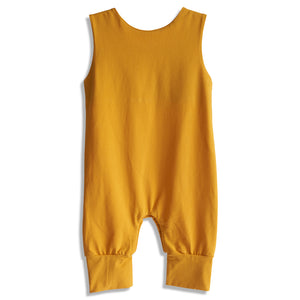 Back view of a yellow baby romper on a white background. 