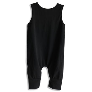Back view of a black baby romper on white background. 