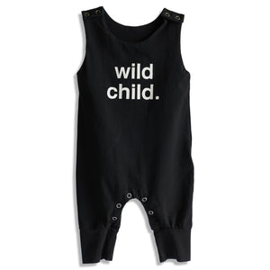 Black baby romper with 'wild child' text on a white background