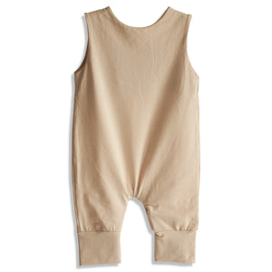 Back view of a beige baby romper on a white background. 