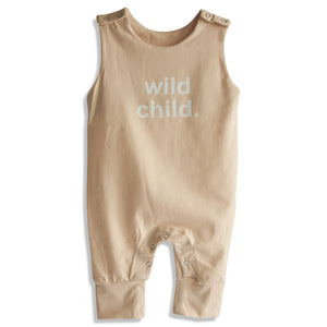 Beige baby romper with 'wild child' text on a white background