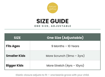 Denver James kids beanie size guide - one adjustable elastic size, fits ages 9 months to 10 years
