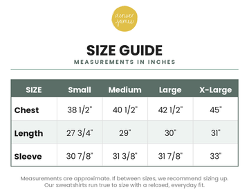 Denver James Rad Mom Crew Sweatshirt size guide - chest, length, and sleeve measurements in inches for Small through X-Large
