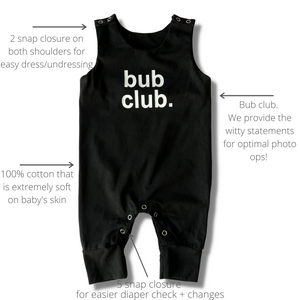 black baby romper with 'bub club.' text on a white background and bullet points showcasing the features of the garment. 