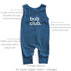 blue baby romper with text that says 'bub club.' on a white background with graphics that show the details of the garment. 