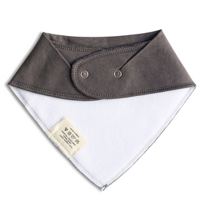 Back view of grey baby drool bib with snaps on white background. 