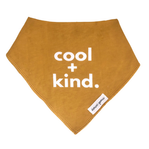 Mustard yellow bandana with 'cool + kind.' text on a white background