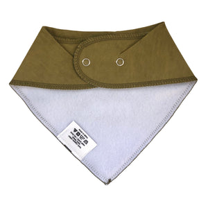 Back view of army green baby drool bandana bib with snap closure. 