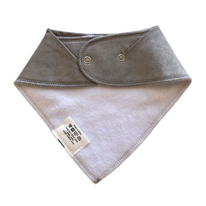 Back view of dark grey baby drool bib on white background with snap closure. 