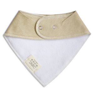 Back view of beige baby drool bib with snap enclosure on white background. 