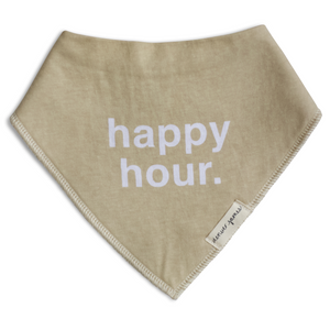 Beige bandana bib with 'happy hour.' text on a white background